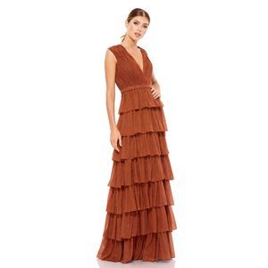 MAC DUGGAL RUFFLE LAYERED GOWN IN RUST ORANGE RED